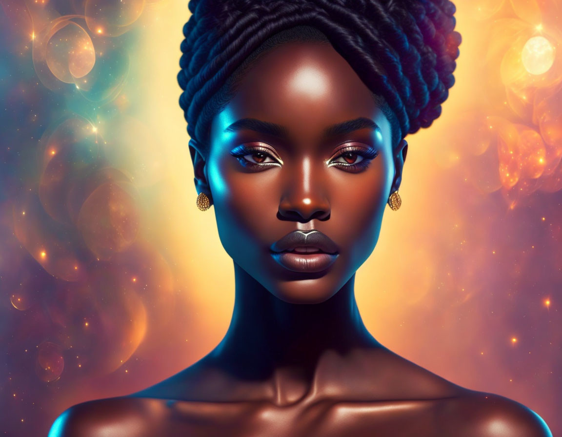 Digital artwork: Dark-skinned woman with blue eye makeup and braided hair on iridescent background