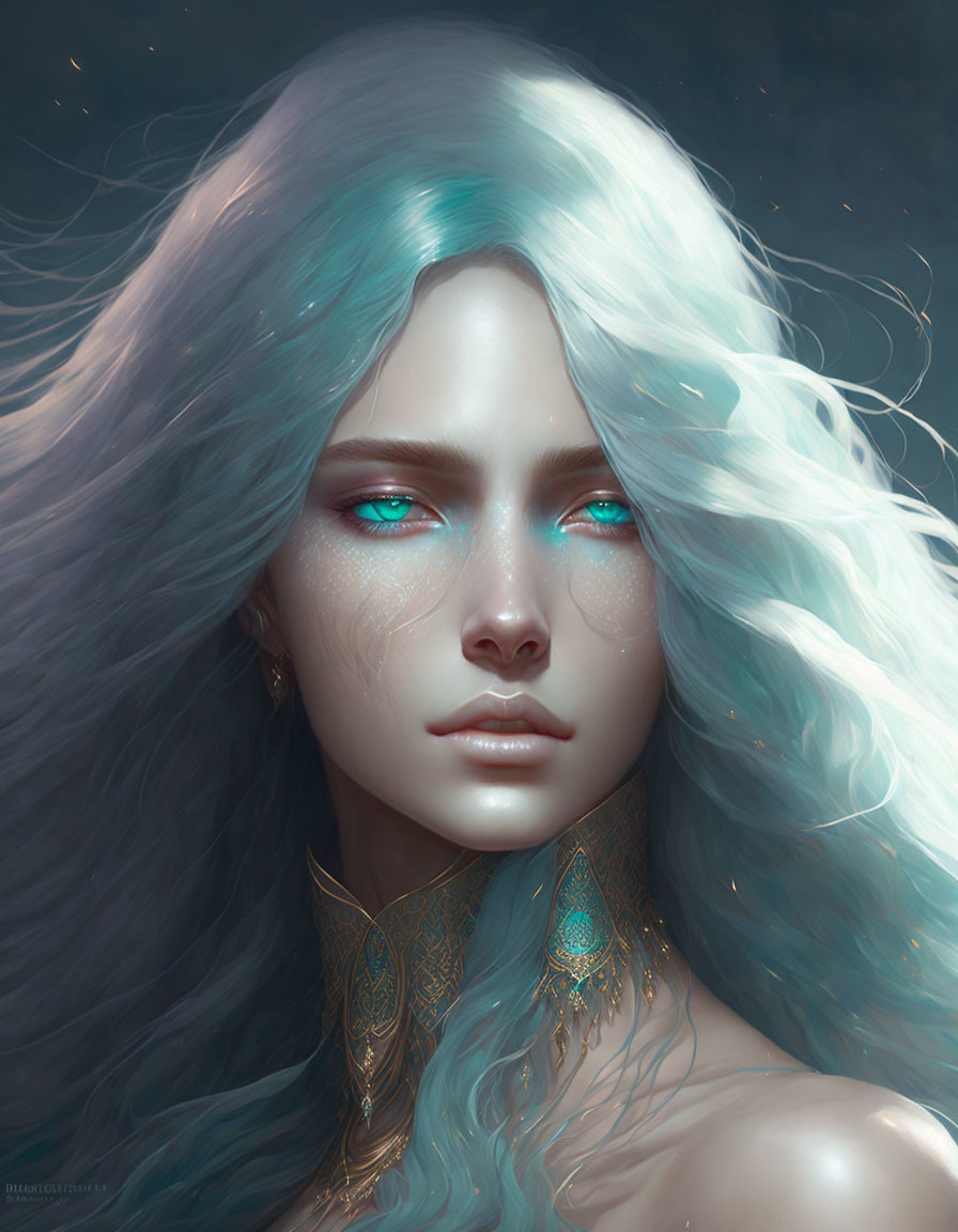 Digital Portrait: Woman with White Hair and Turquoise Eyes on Starry Night Background