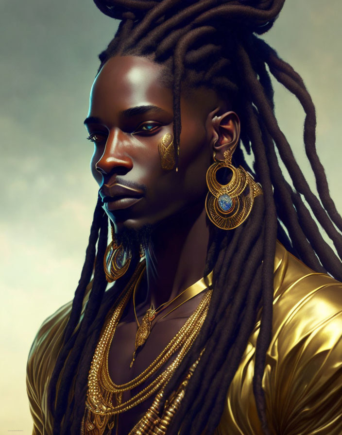 Person with Dreadlocks and Golden Jewelry on Golden Backdrop