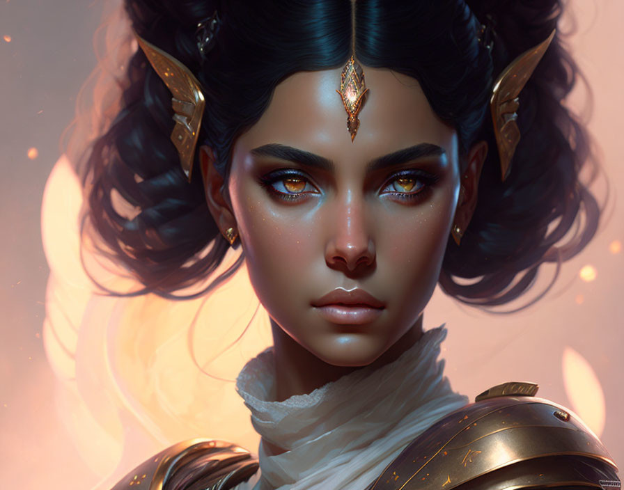 Fantasy character portrait with glowing eyes, gold jewelry, and fiery backdrop