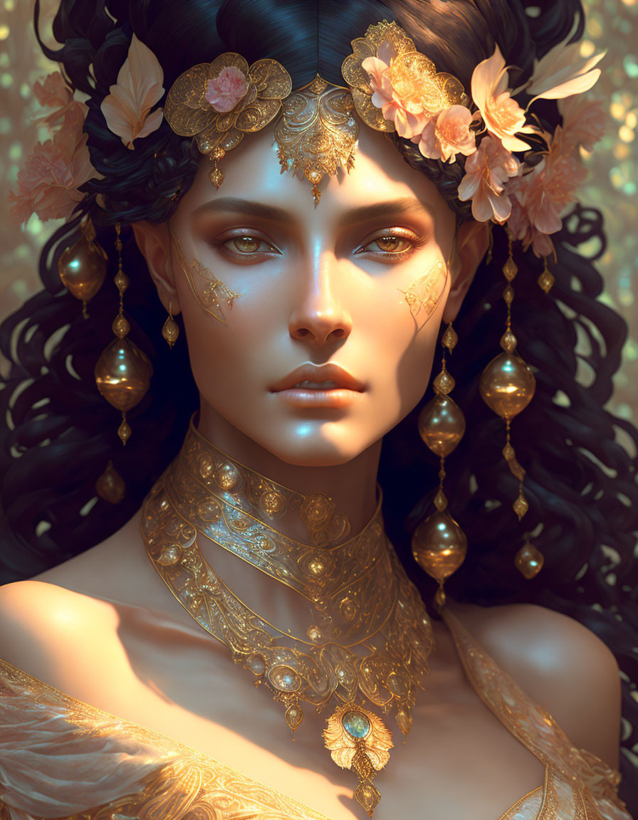 Detailed digital artwork: Woman with gold jewelry and floral hair adornments in warm ambiance