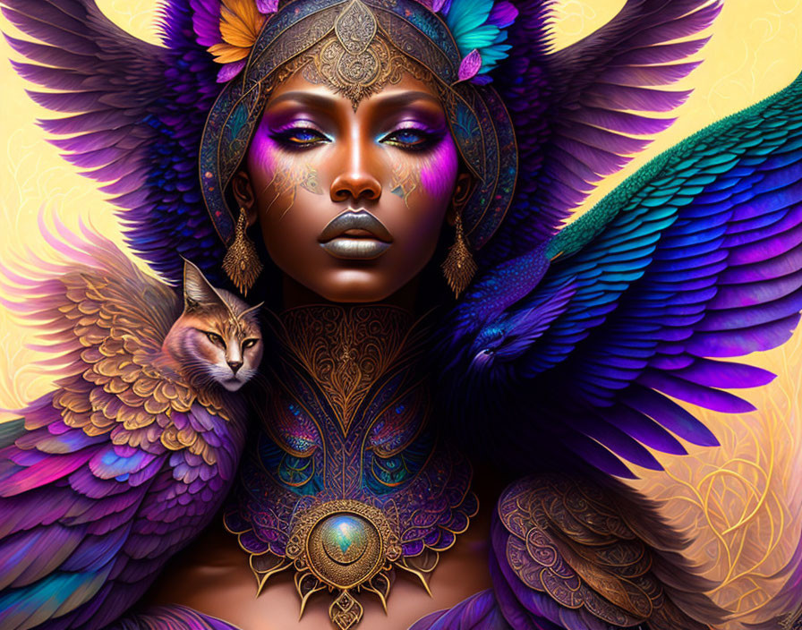 Colorful artwork: Woman with majestic wings and cat on golden background