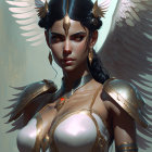 Regal female warrior fantasy illustration with golden armor and white wings.