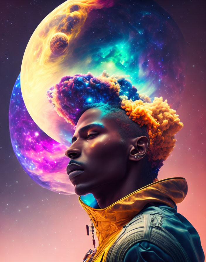 Person's Profile with Colorful Space Imagery in Afro Hairstyle