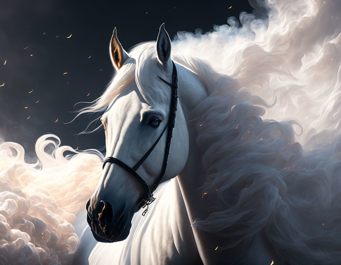 White horse with dark bridle in ethereal cloud setting