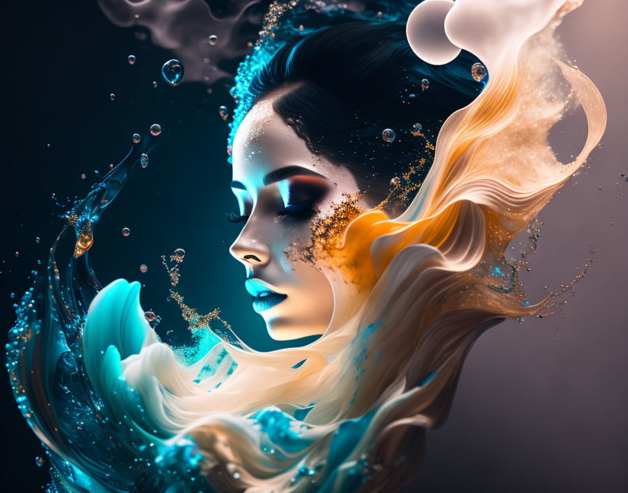 Woman in Blue and Golden Hues Surrounded by Water and Air