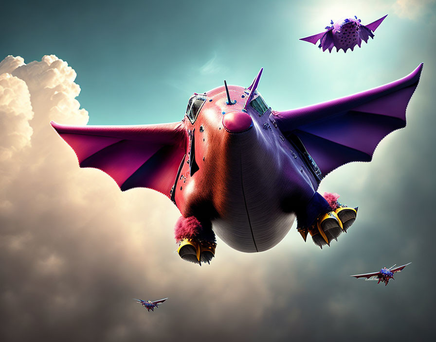 Illustration of flying pig-like aircraft with purple wings and jet engines in dramatic sky