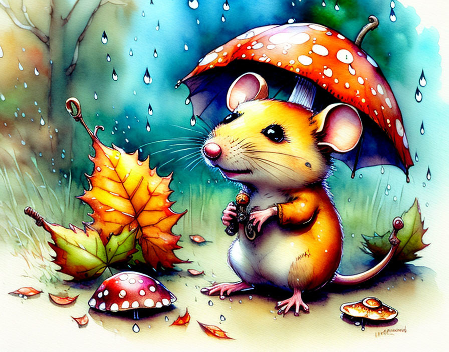 Anthropomorphic mouse with red umbrella in rain and nature scene