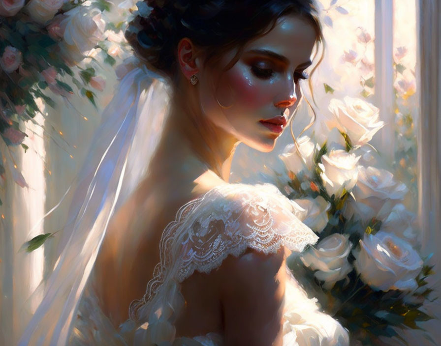 Pensive bride in lace dress with soft light and white roses