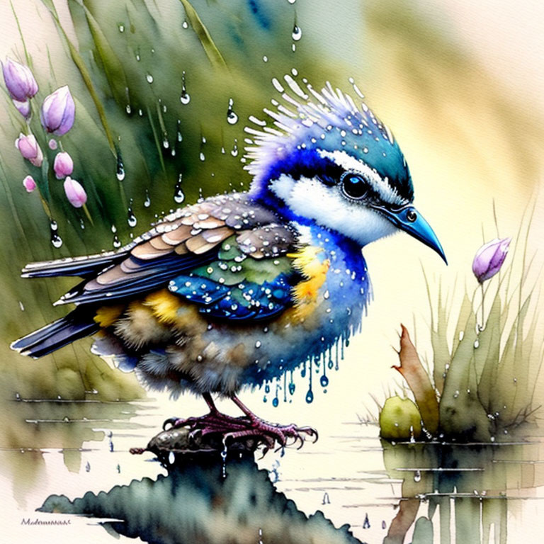 Vibrant bird illustration on branch with water droplets and pink buds