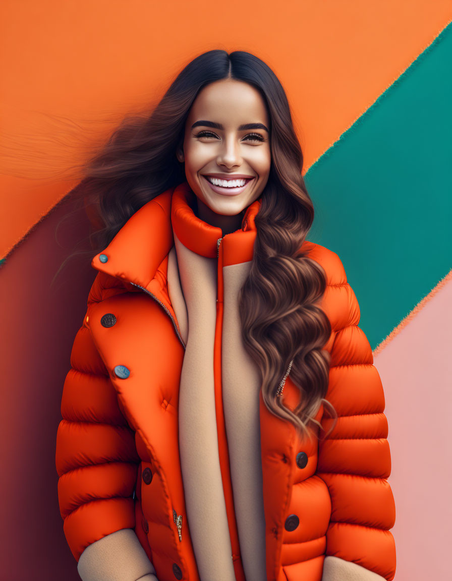 Long-haired woman in orange puffer coat on vibrant geometric backdrop