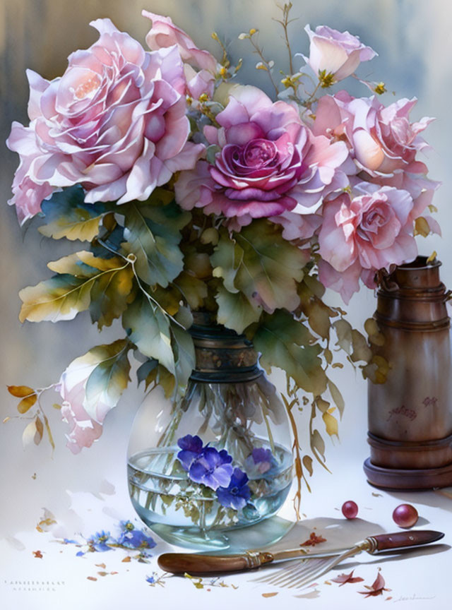 Pink roses bouquet in transparent vase with cherries, antique container, cutlery on lace tablecloth