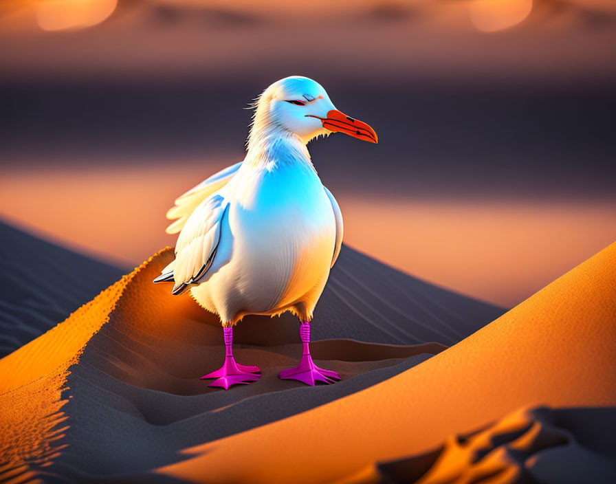 Stylized seagull with orange beak on sand dune under warm light