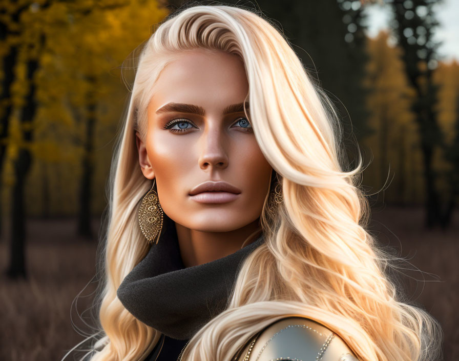 Blonde Woman with Blue Eyes in Black Scarf in Forest Background