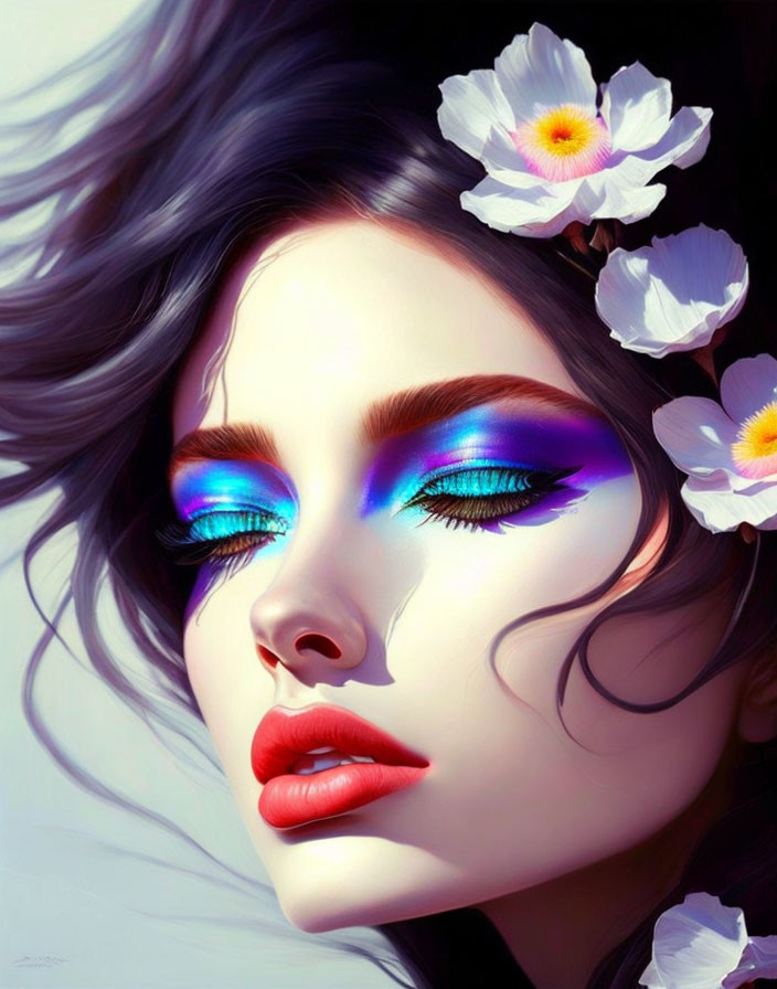 Vibrant blue eye makeup on woman with white flowers in dark hair