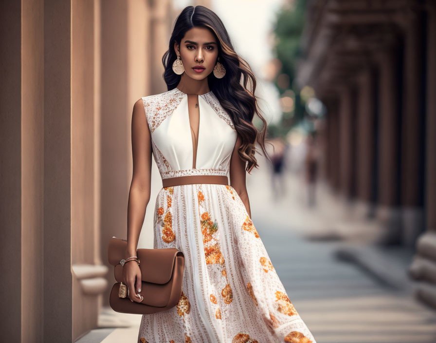 Woman in White Floral Dress Walking with Brown Handbag