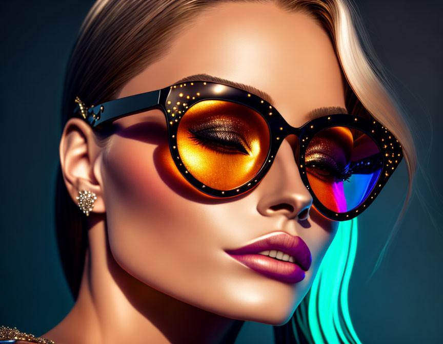 Stylized image: Woman with glamorous makeup and ornate sunglasses on blue gradient.