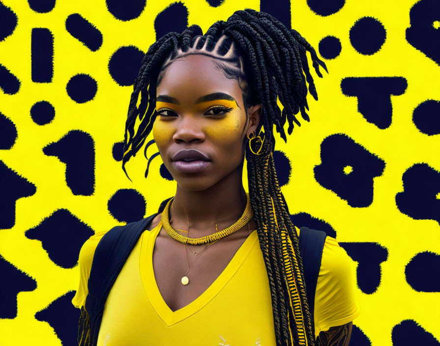 Braided Hair Woman with Golden Accessories on Yellow Background