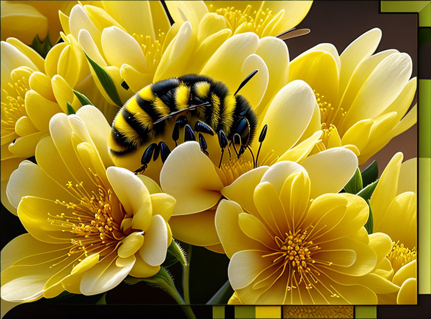 Bumblebee on Vibrant Yellow Flowers with Detailed Petals and Pollen