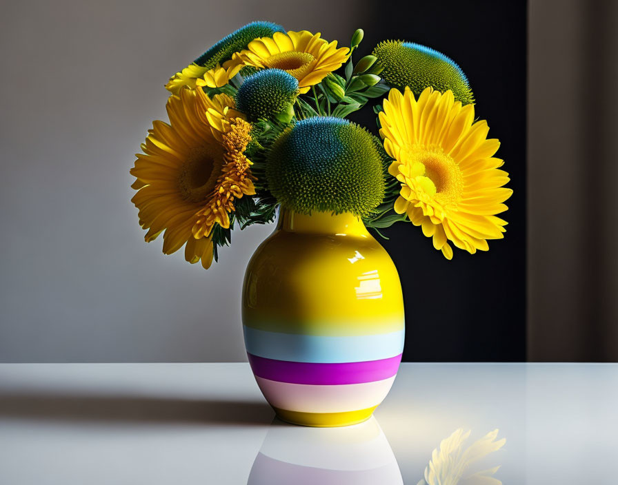 Sunflowers in Colorful Striped Vase Reflecting Below