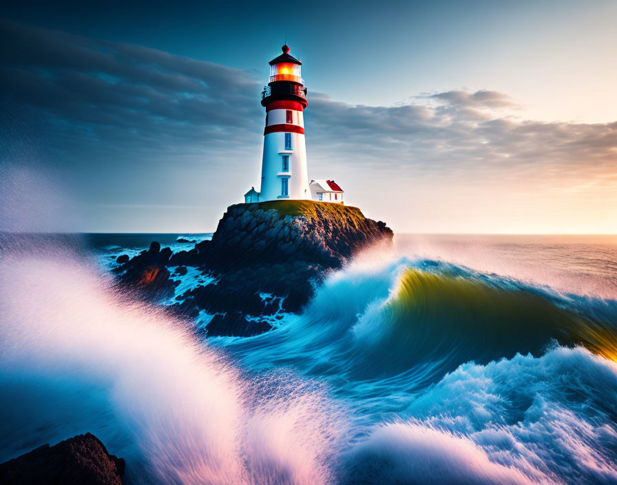 Iconic Red and White Striped Lighthouse on Rocky Outcrop with Dynamic Waves and Twilight Sky