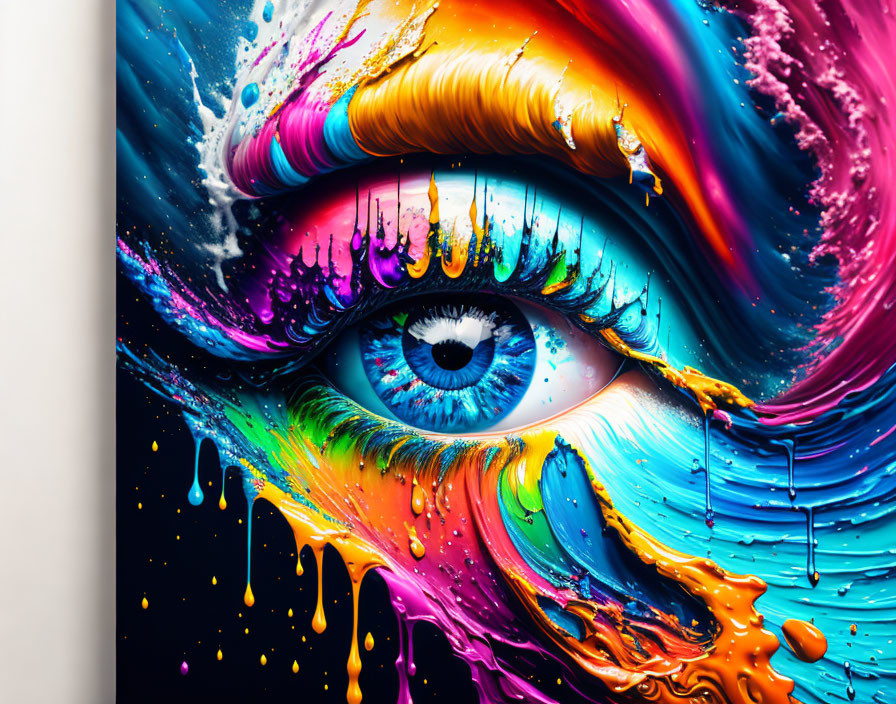 Colorful eye with melting paint on black background