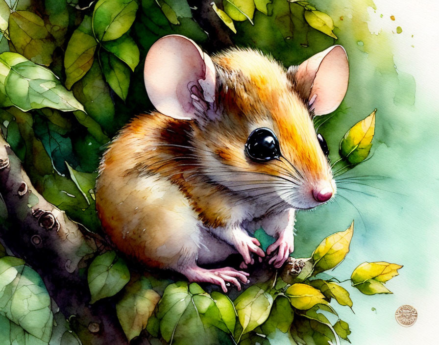 Brown and White Field Mouse on Branch in Watercolor