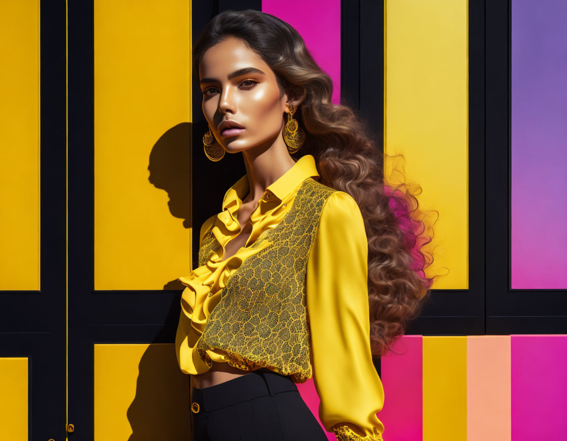 Woman with Long Wavy Hair in Yellow Blouse on Vibrant Geometric Background