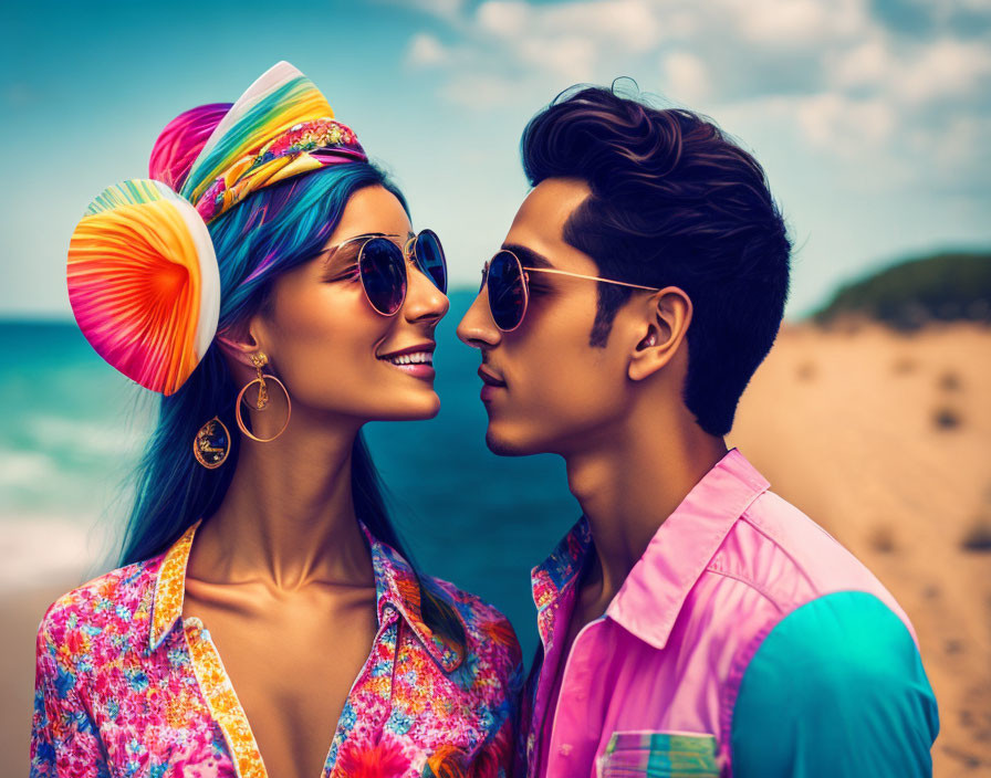 Vibrant, colorful clothing couple on sunny beach