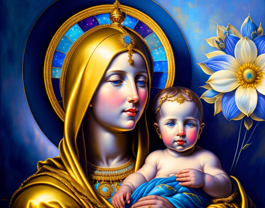 Religious painting of Madonna and Child in golden and blue hues