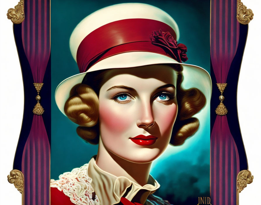 Vintage Woman Illustration in Red and White Hat with Curled Hair