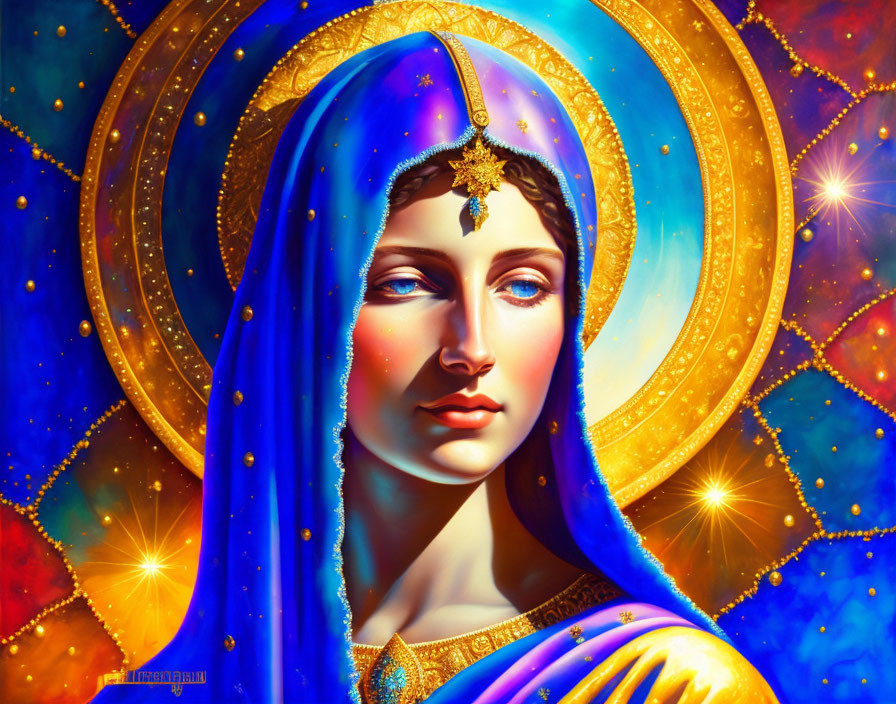 Woman portrait in blue attire with cosmic background.