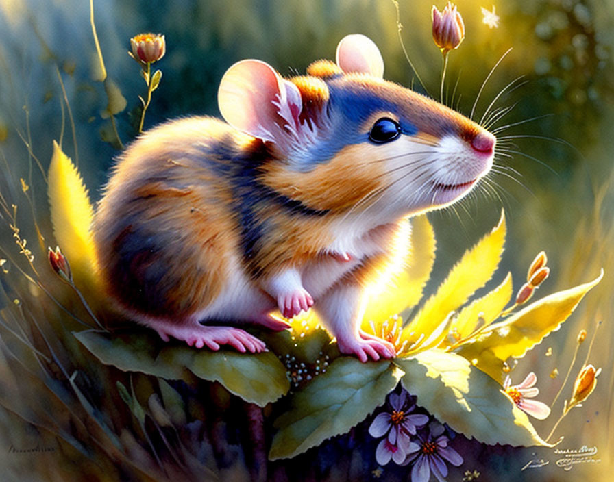 Colorful whimsical mouse on leaf in vibrant, sunny floral setting