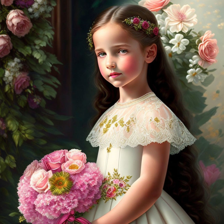 Young girl with floral headband holding pink flowers in front of rose backdrop