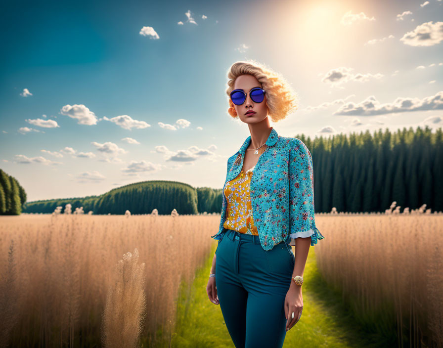 Fashionable Woman in Sunglasses in Vibrant Outfit in Golden Field