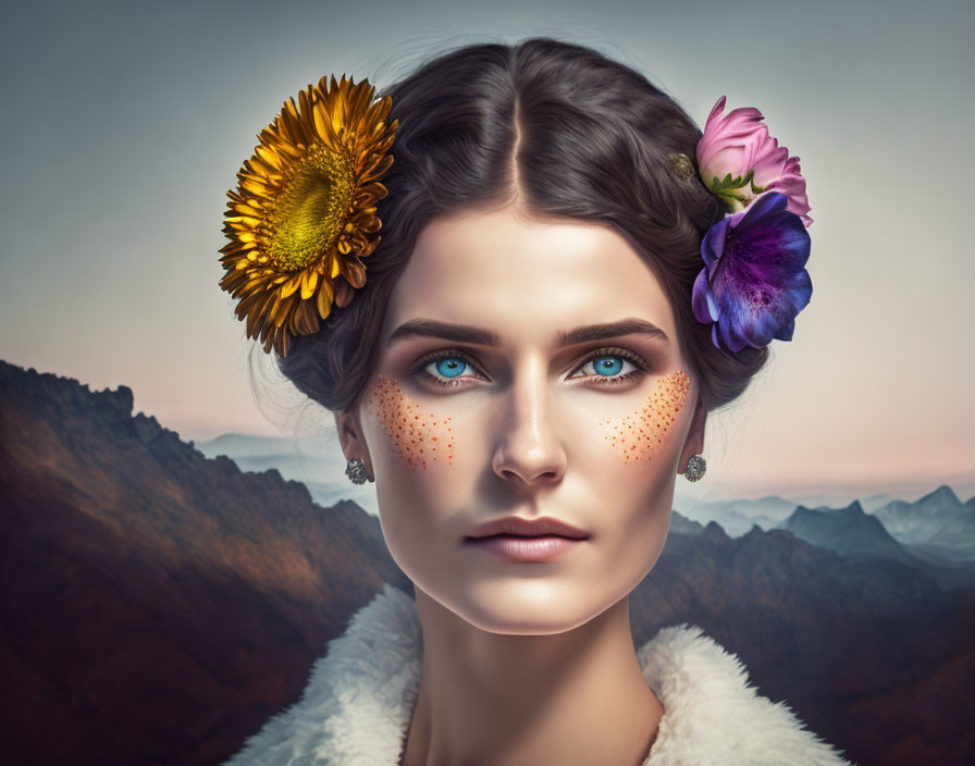 Portrait of a Woman with Blue Eyes and Floral Hair Adornment