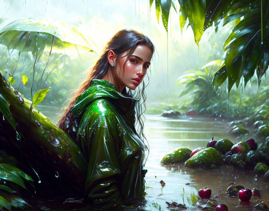 Young woman in green raincoat in lush jungle with raindrops on leaves, serene expression