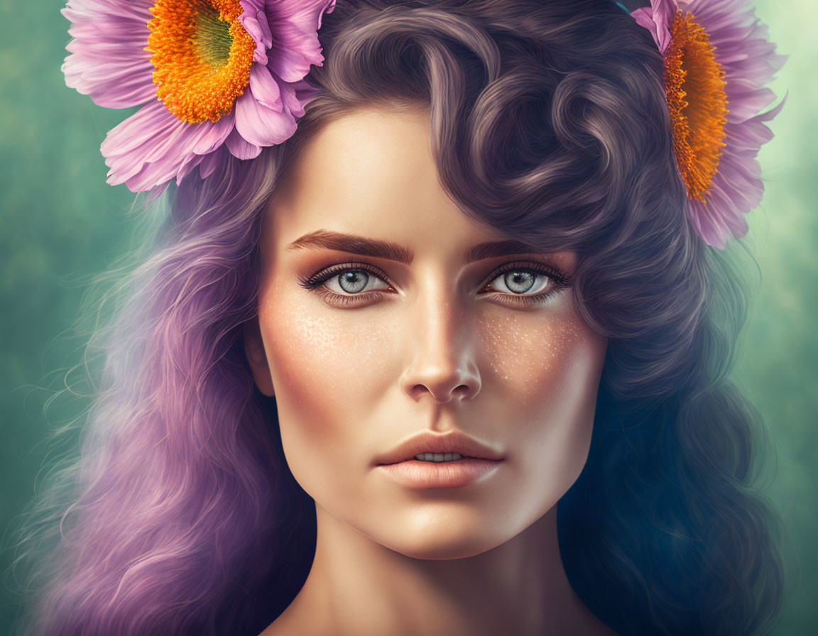 Purple-haired woman with daisy flowers, sparkling freckles, and intense brown eyes on a soft