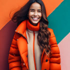 Long-haired woman in orange puffer coat on vibrant geometric backdrop