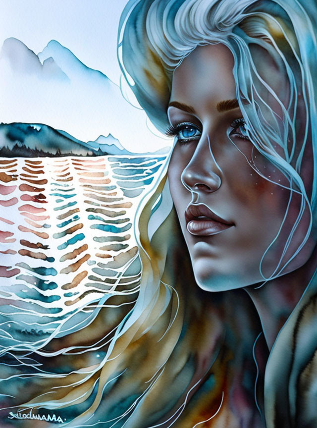 Stylized portrait of a woman with blue tones merging with serene water landscape