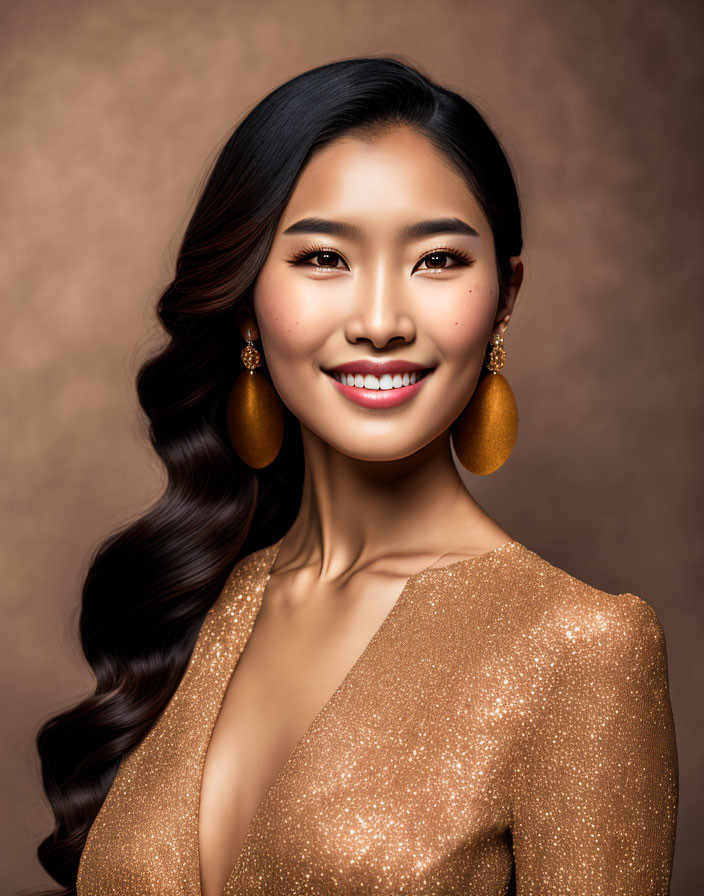 Woman with Long Wavy Hair in Gold Dress and Earrings Smiling