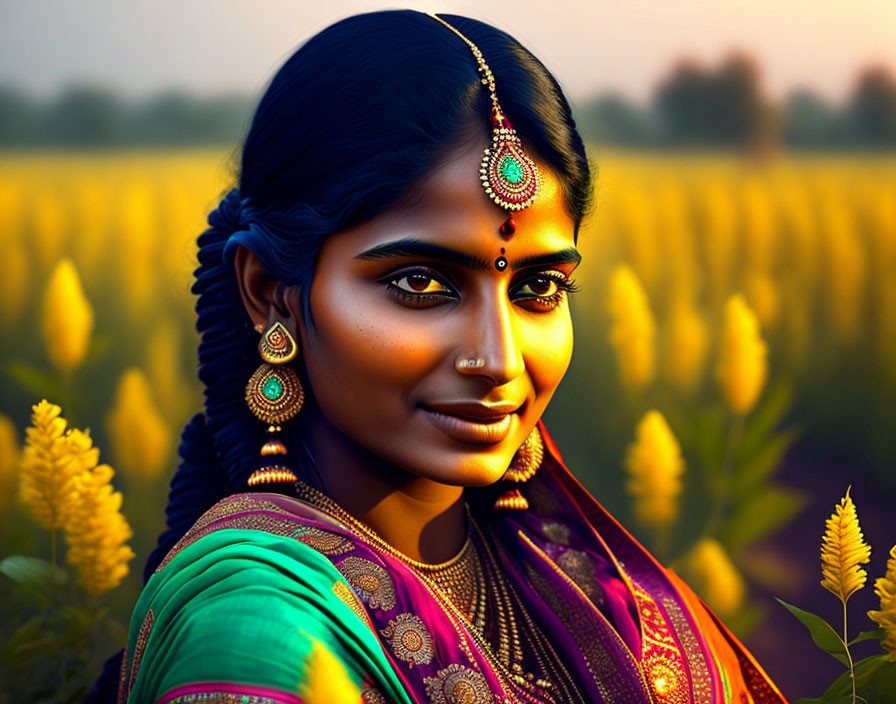 Traditional Indian Attire Woman in Sunlit Crop Fields