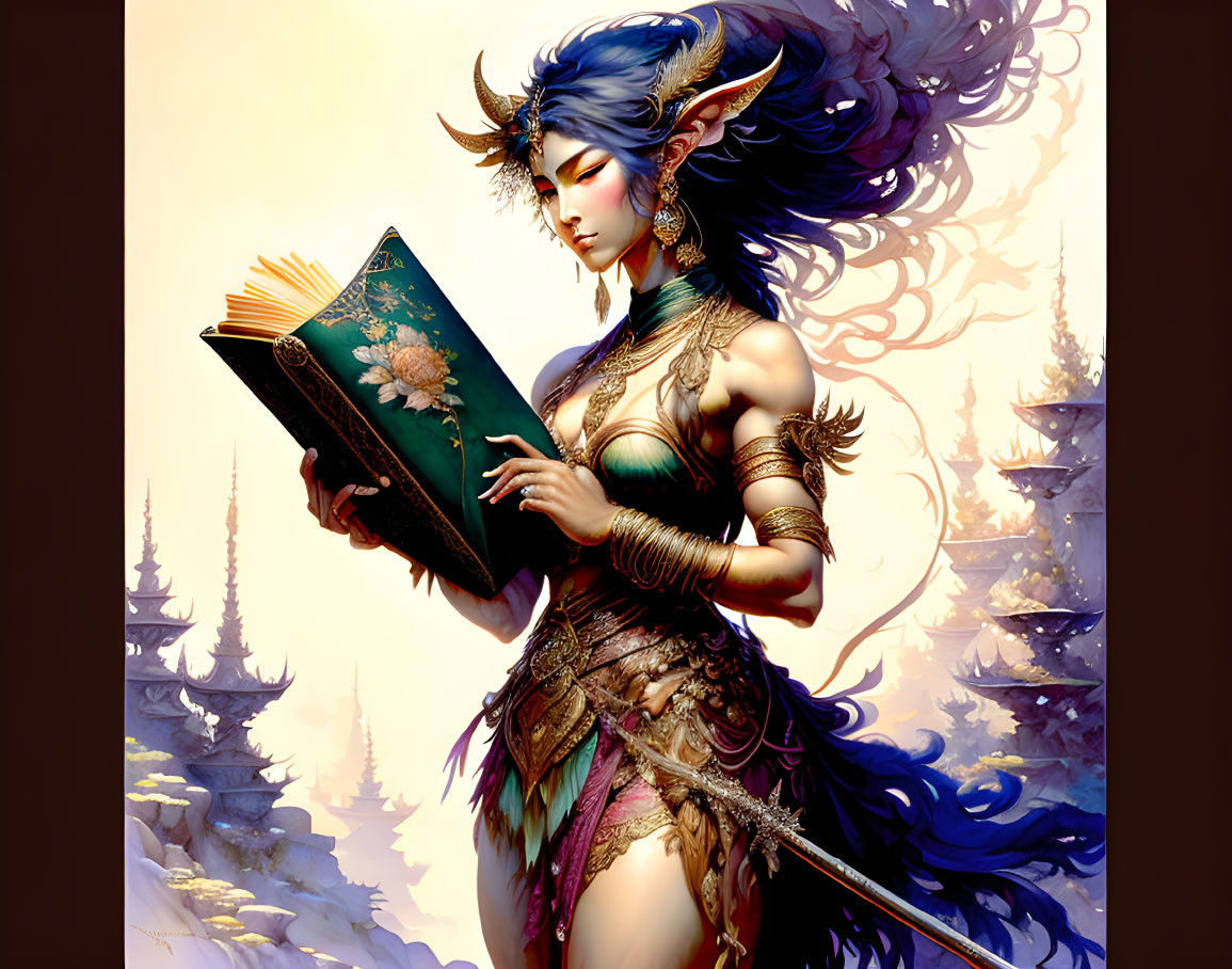 Blue-haired horned female in armor reading book in mystical landscape