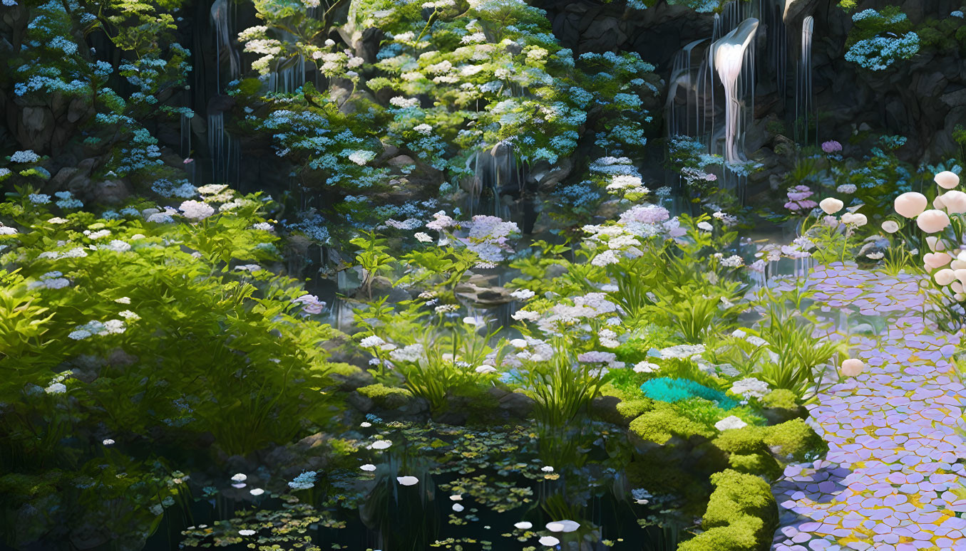 Tranquil garden with waterfalls, flowers, and pond