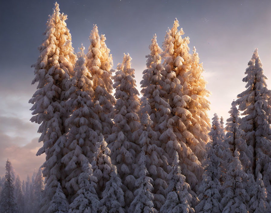 Sunrise or Sunset Over Snow-Covered Pine Trees