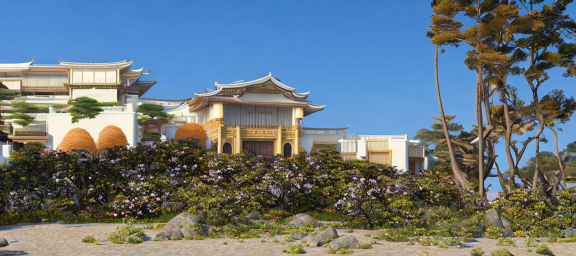 Japanese architecture: multi-tiered roofs in lush greenery