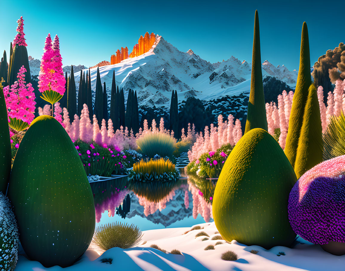 Surreal landscape with snow-capped mountains and fantastical flora