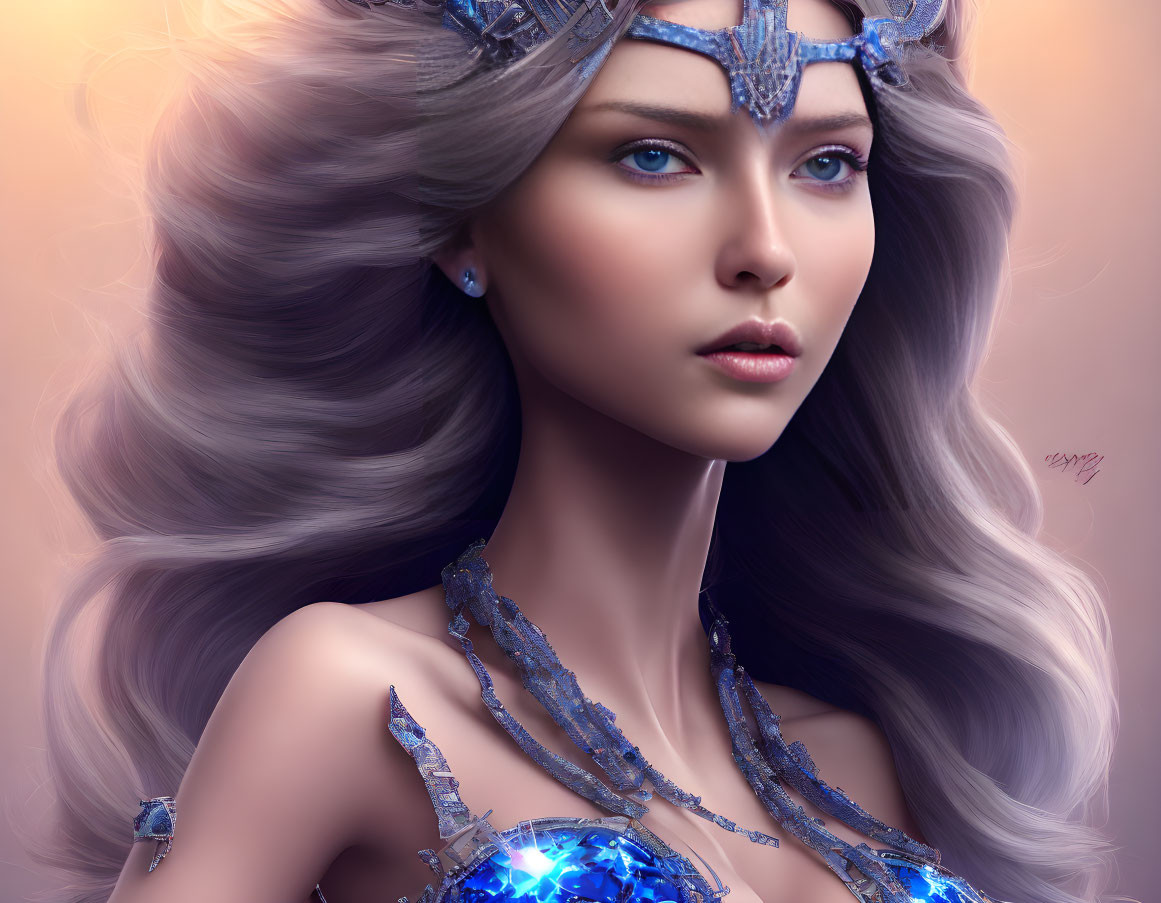 Digital artwork: Woman with silver hair, blue crystal tiara and jewelry, gazing sideways