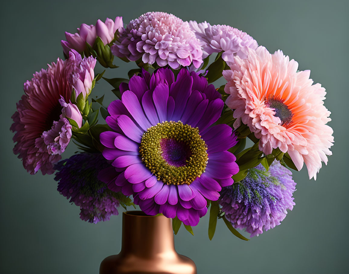 Colorful Mixed Flowers Bouquet in Bronze Vase on Green Background