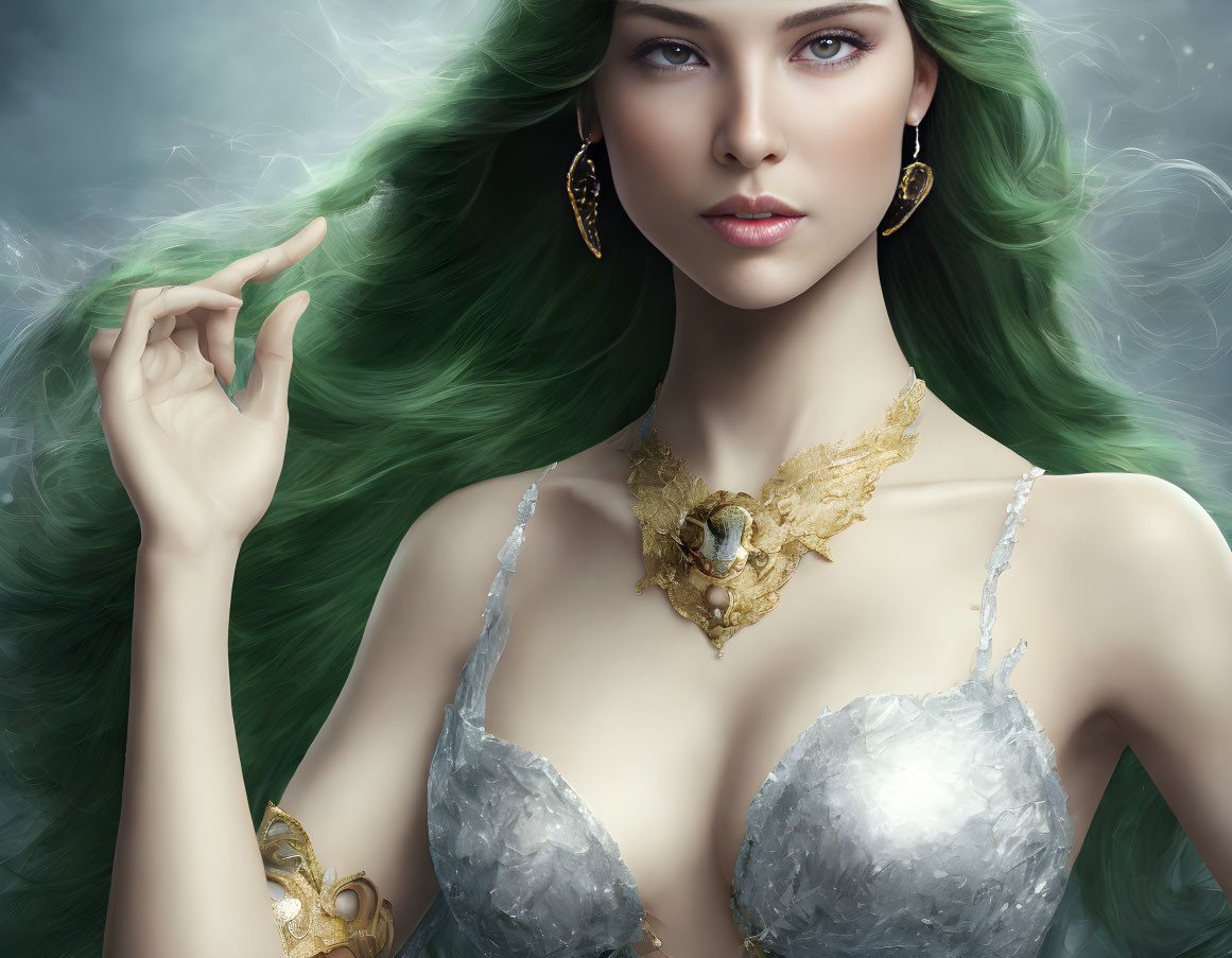 Illustration of woman with green hair, blue eyes, golden accessories